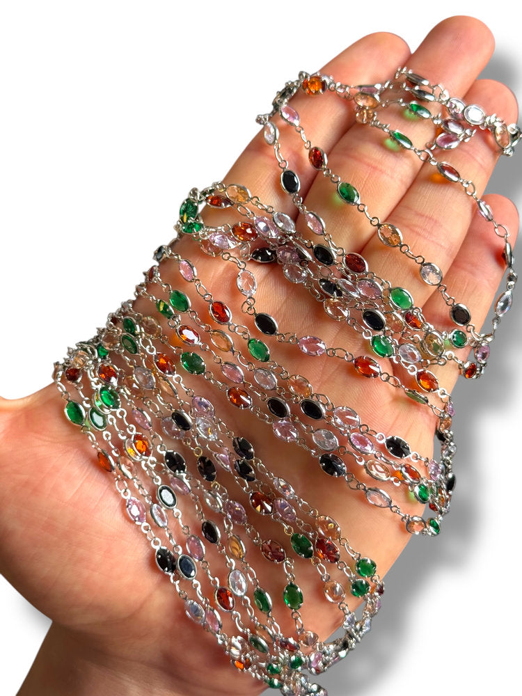 Rhodium Plated Oval Zircon Chain