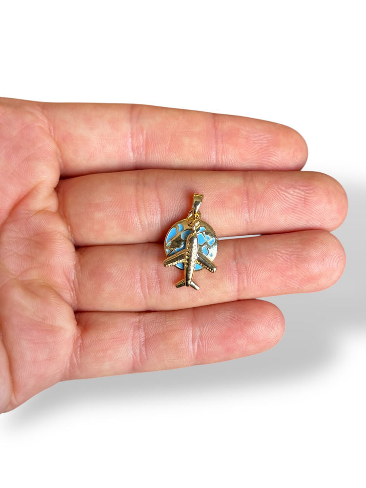Airplane & World Charm Gold Plated